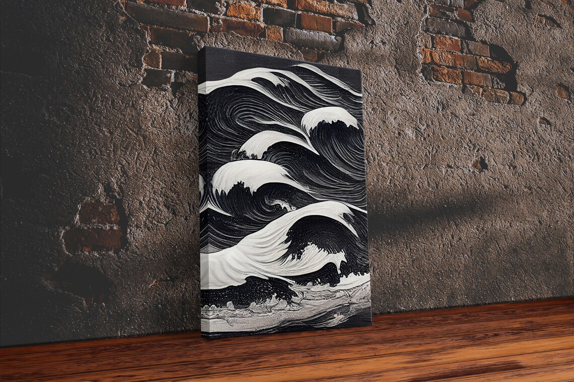 Black And White Tidal Waves Japanese-Style Art Print - Image 6