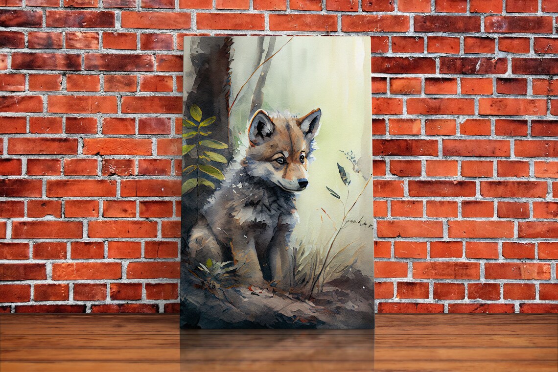 Watercolor Wolf Pup Art Print, Animal Wildlife