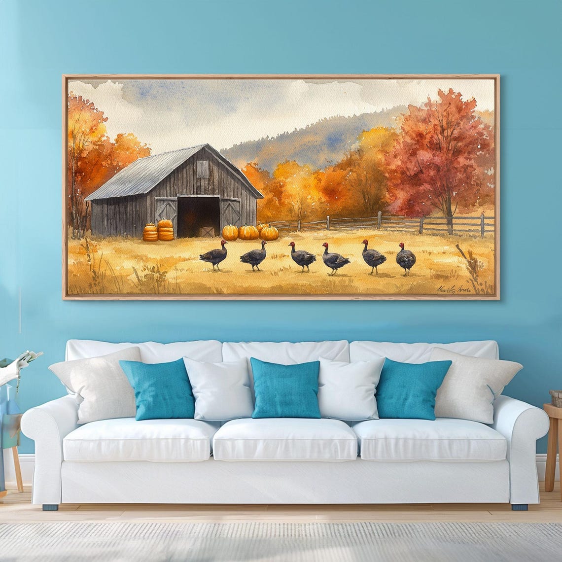 Turkeys Marching Past Rustic Barn With Pumpkins Autumn Art Print - Image 2