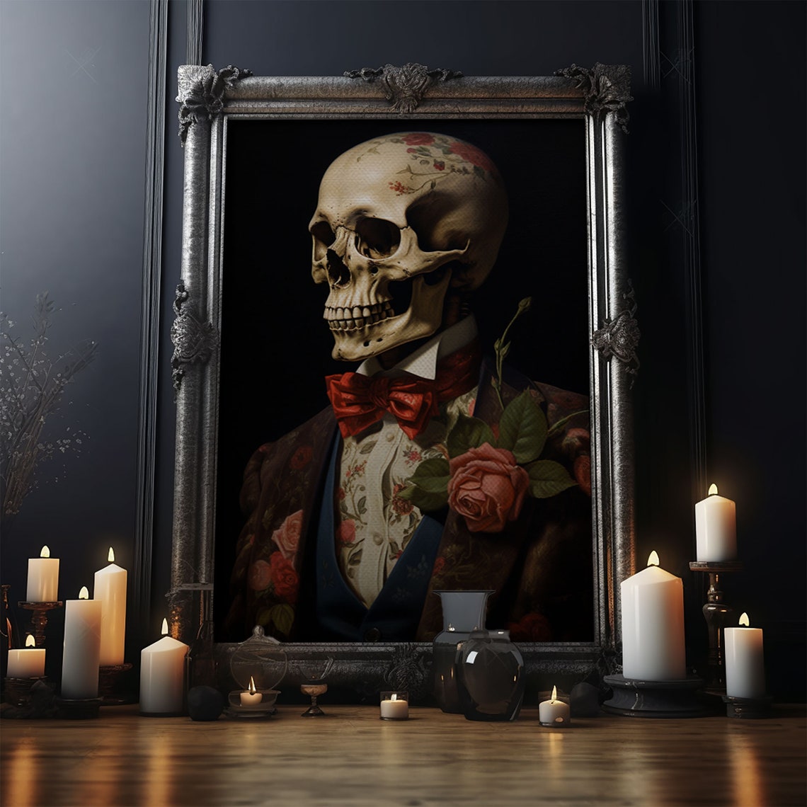 Floral Skeleton Portrait Red Bow Tie Rose Gothic Halloween Art Print - Image 4