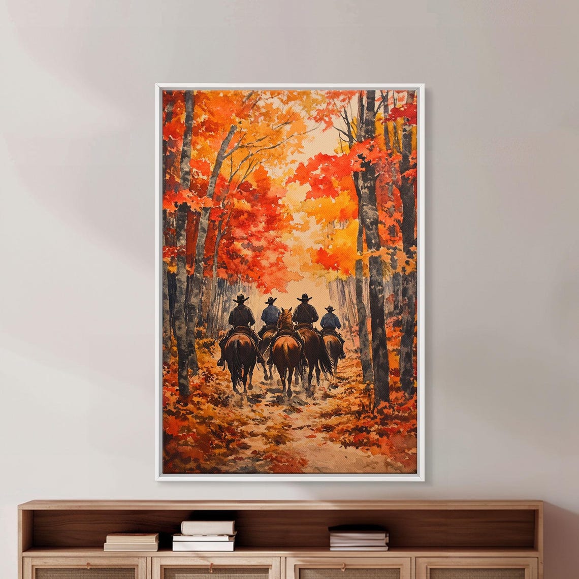 Cowboys Riding Through Fiery Autumn Forest Trail Scene Poster