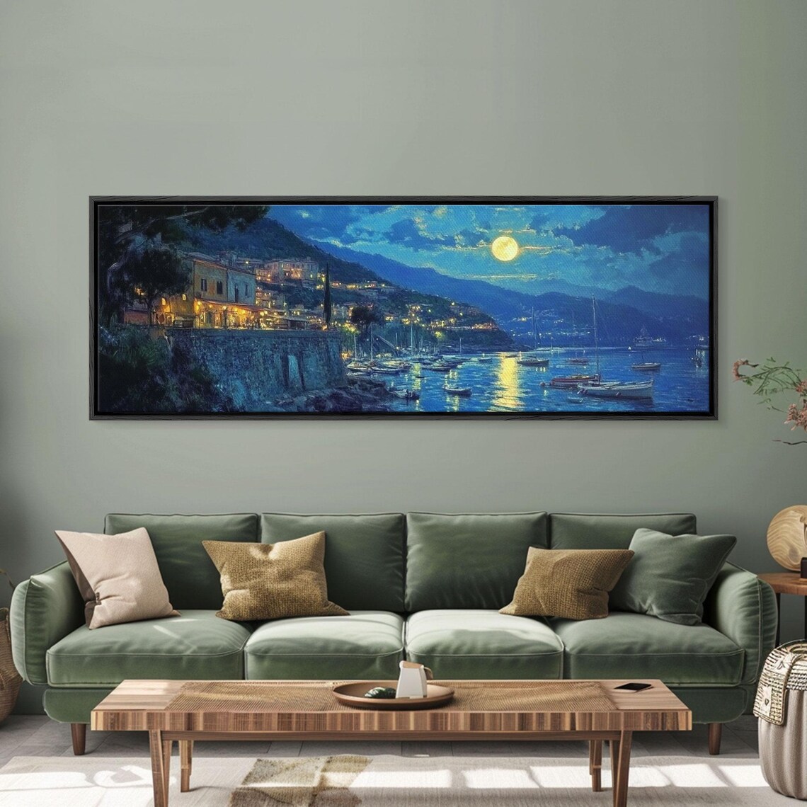 Greek Fishing Village Under Full Moon Midnight Harbor Seascape Poster - Image 5