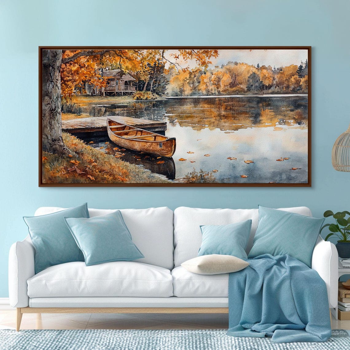 Autumn Canoe On Golden Lake Shore Cabin Woods Watercolor Art Print - Image 2