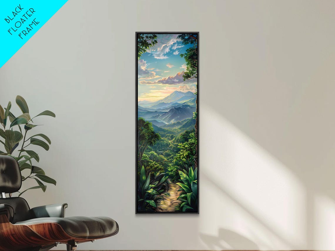 Jungle Landscape Painting Tropical Wall Art Print Mountain Art Printed On Framed Oversized Narrow Landscape Art