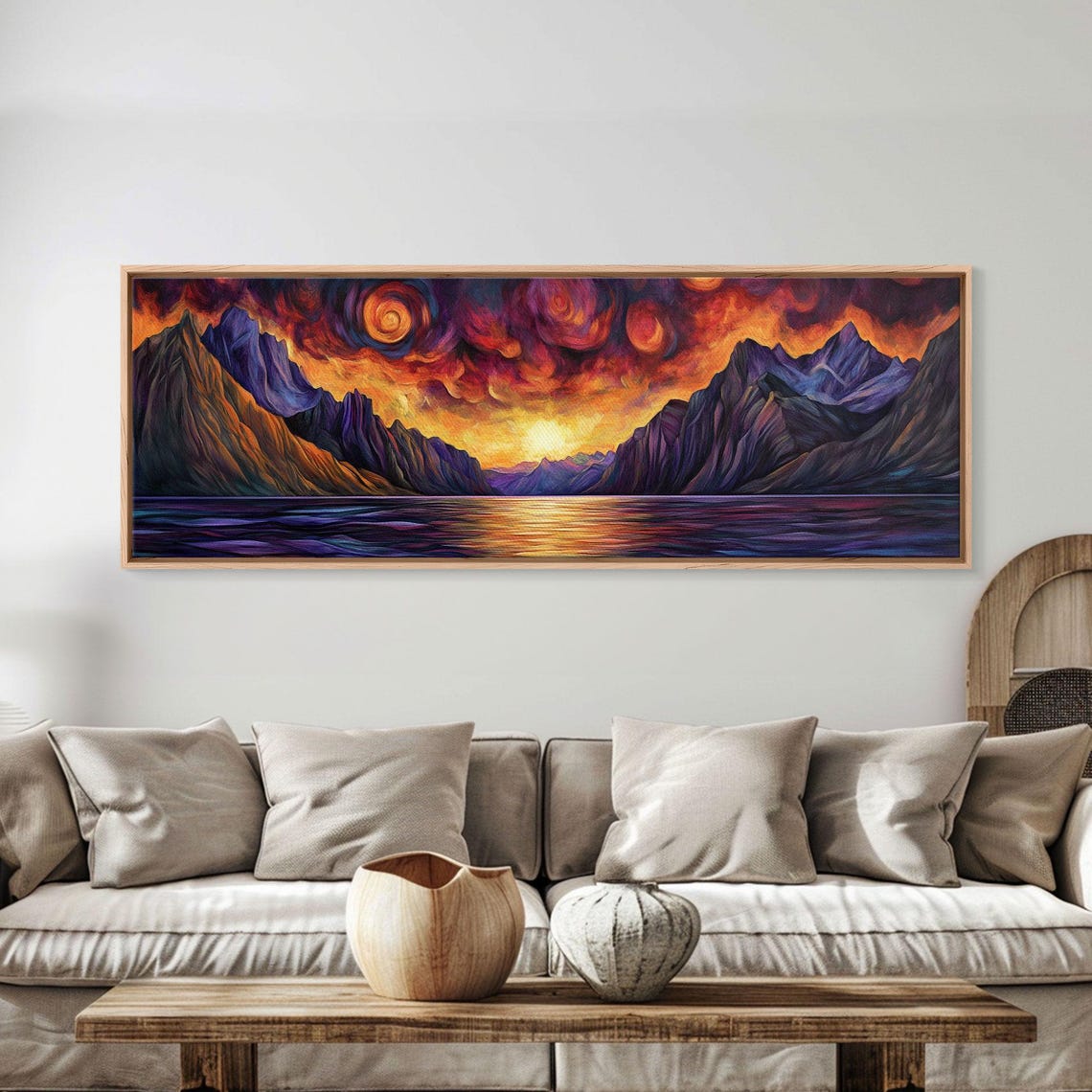 Fiery Sunset Over Dark Fjord Mountains Swirling Sky Fantasy Poster - Image 4