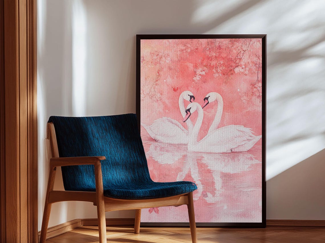 Three White Swans Cherry Blossom Pink Watercolor Romantic Art Print - Image 2