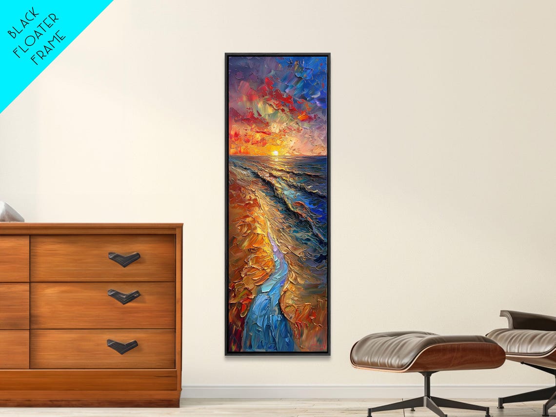 Ocean Sunset Impasto Painting Golden Purple Waves Sky Tall Poster