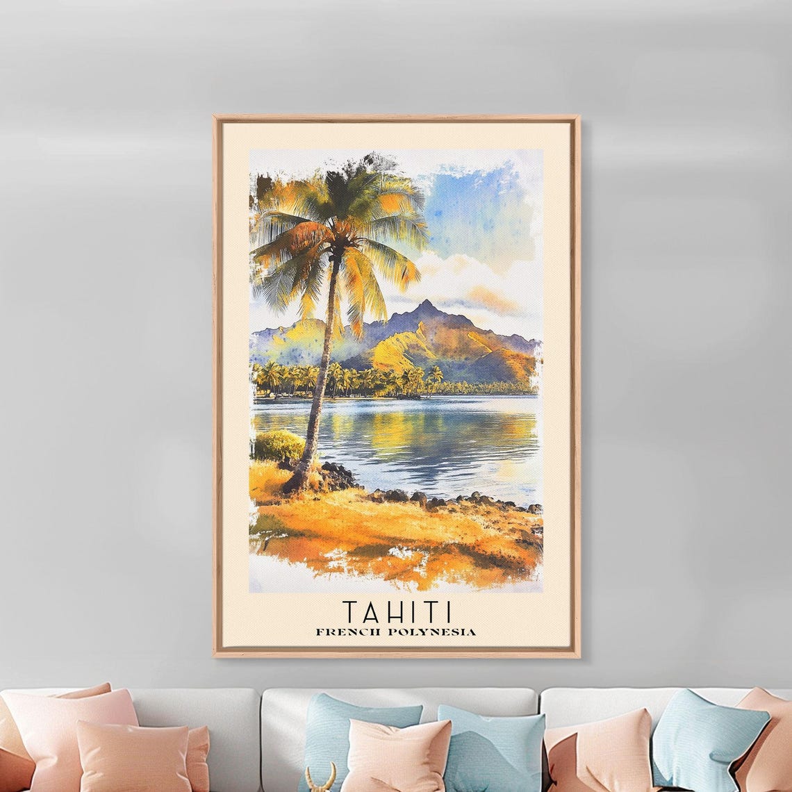 Tahiti French Polynesia Palm Tree Golden Shore Mountain Lagoon Poster - Image 2