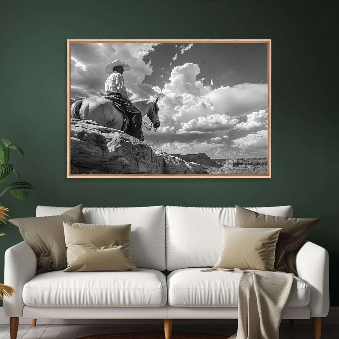 Cowboy On Horseback Rocky Cliff Dramatic Sky Black White Poster - Image 5