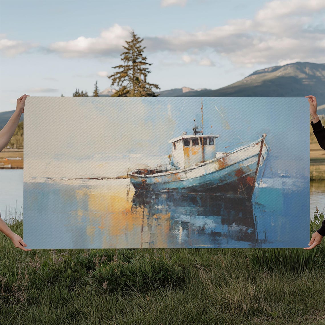 Weathered Old Wooden Fishing Boat Calm Water Nautical Art Poster