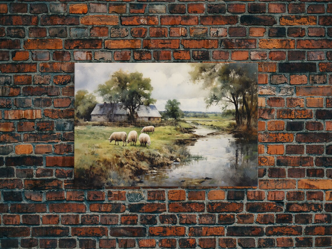 Sheep Grazing By The River Vintage Home Poster - Image 6