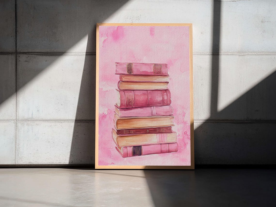Pink Book Stack Watercolor Cozy Reading Library Room Decor Art Print - Image 3