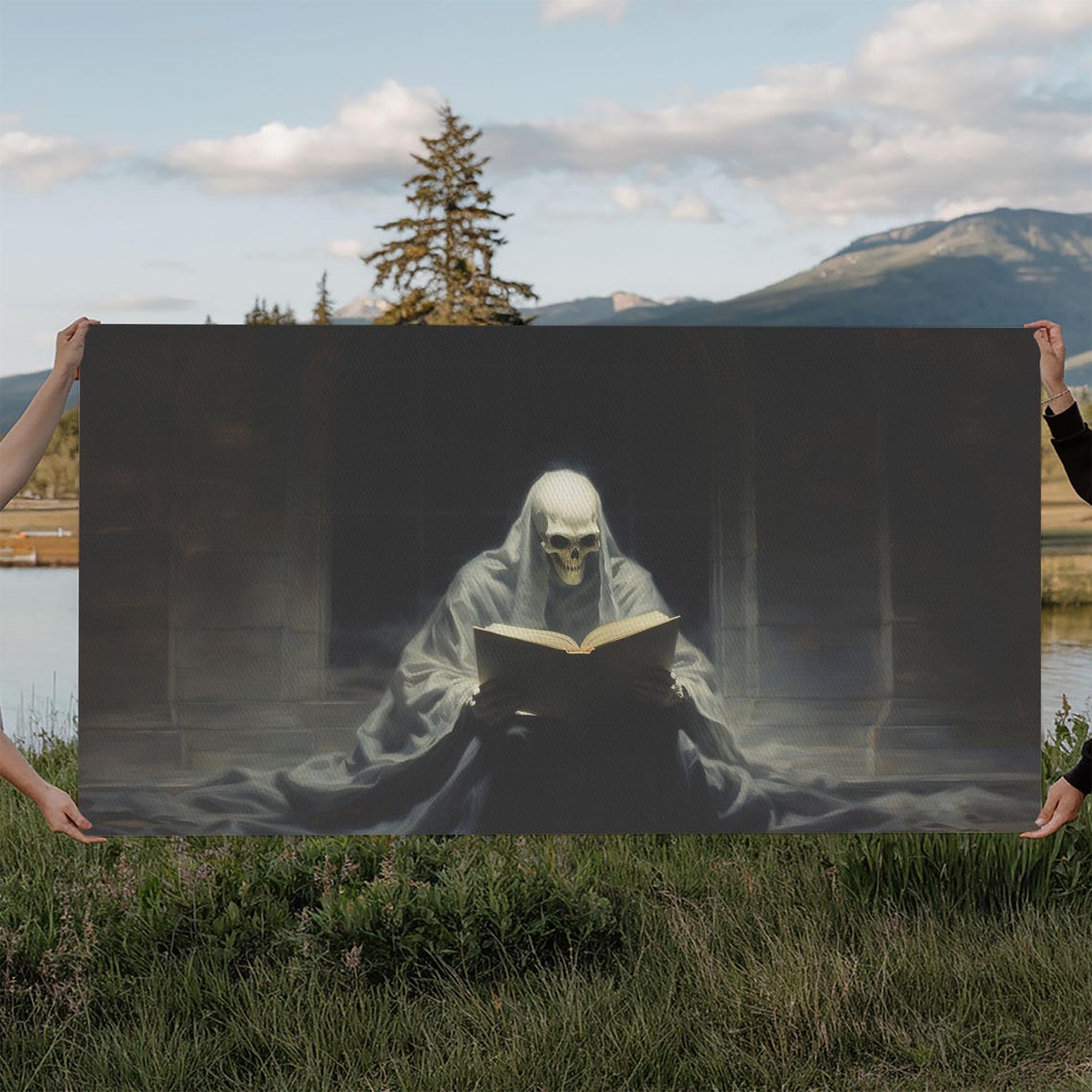Grim Reaper Reading Book Haunted Library Dark Skeleton Art Poster