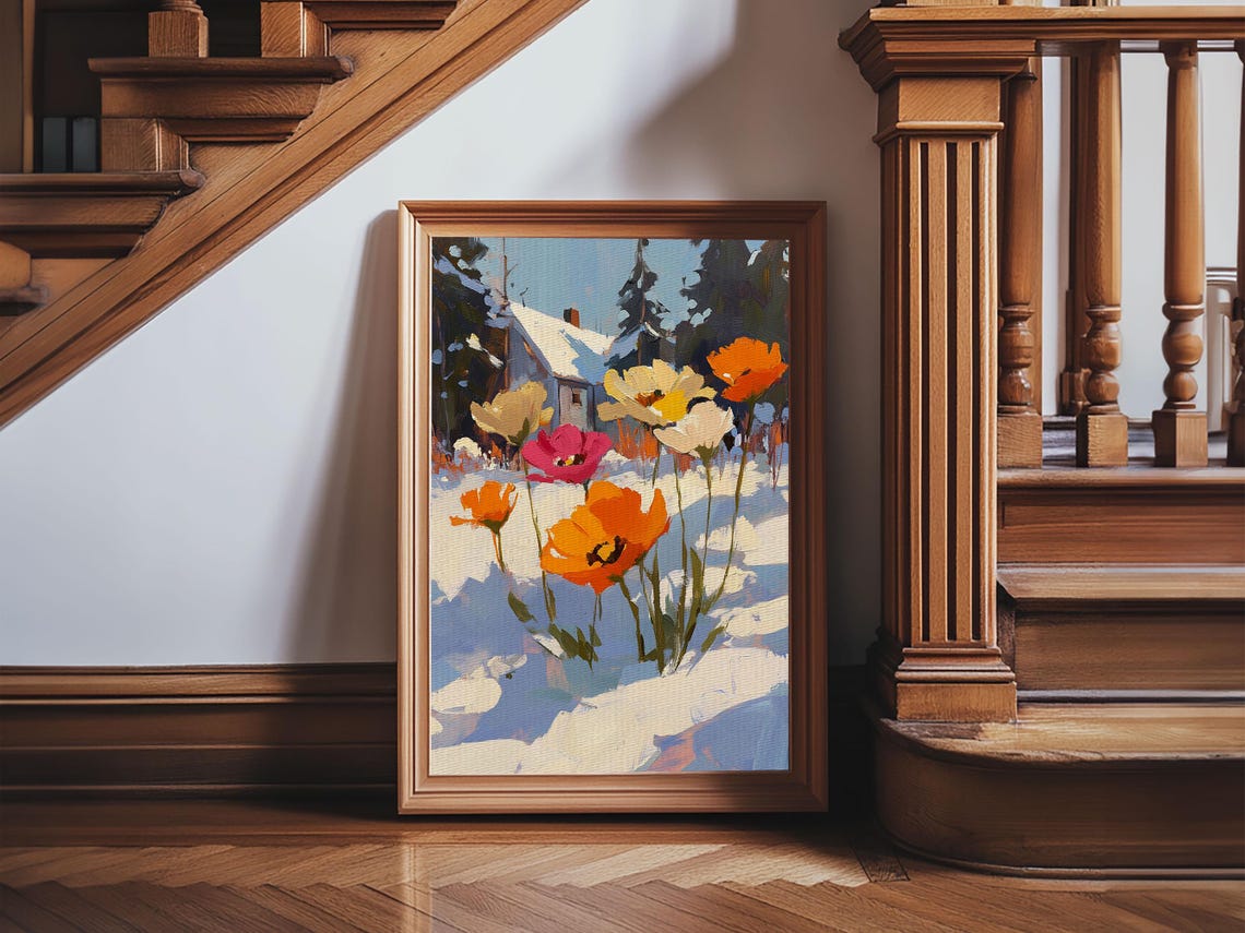 Wildflowers In Snow Orange Poppies Winter Cottage Art Poster - Image 6