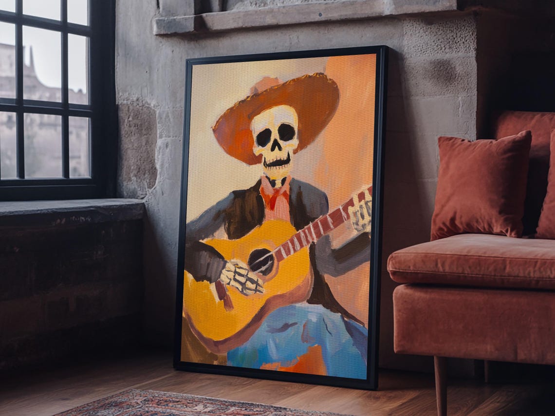 Skeleton Cowboy Guitar Player Dia De Muertos Folk Art Wall Poster - Image 6