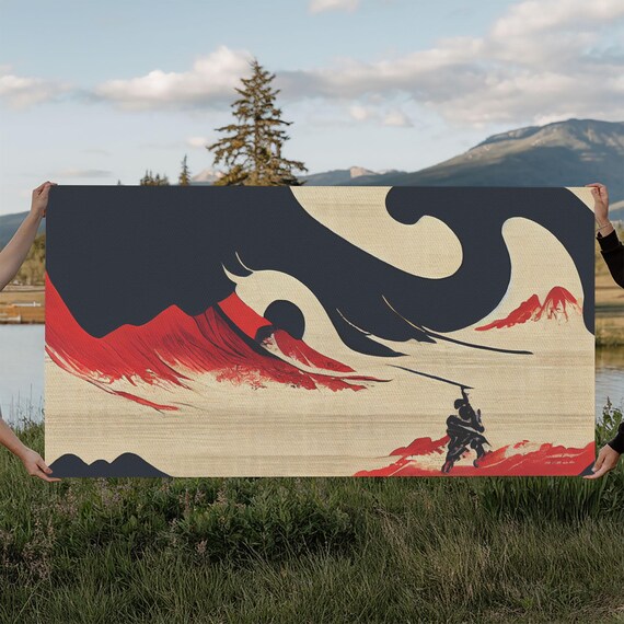 Japanese Samurai Fighting Giant Wave Under Red Sun Style Art Poster