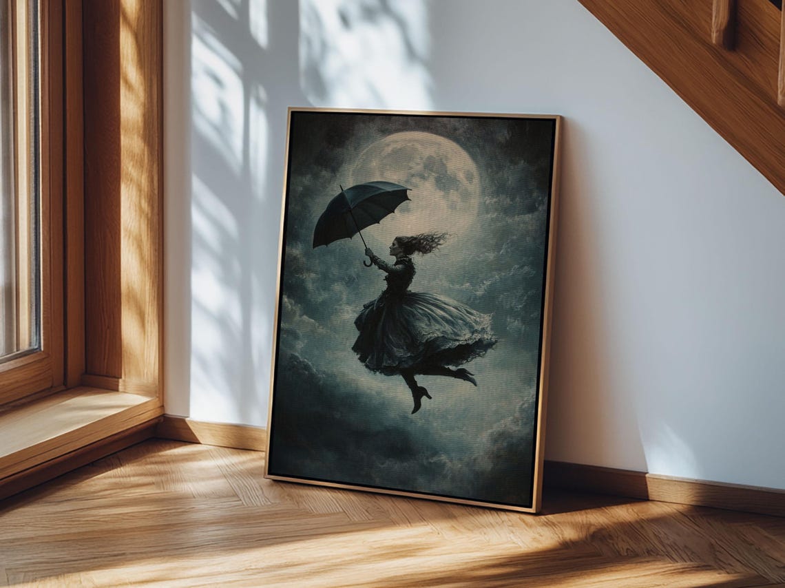 Witch Umbrella Full Moon Gothic Halloween Victorian Art Poster - Image 3