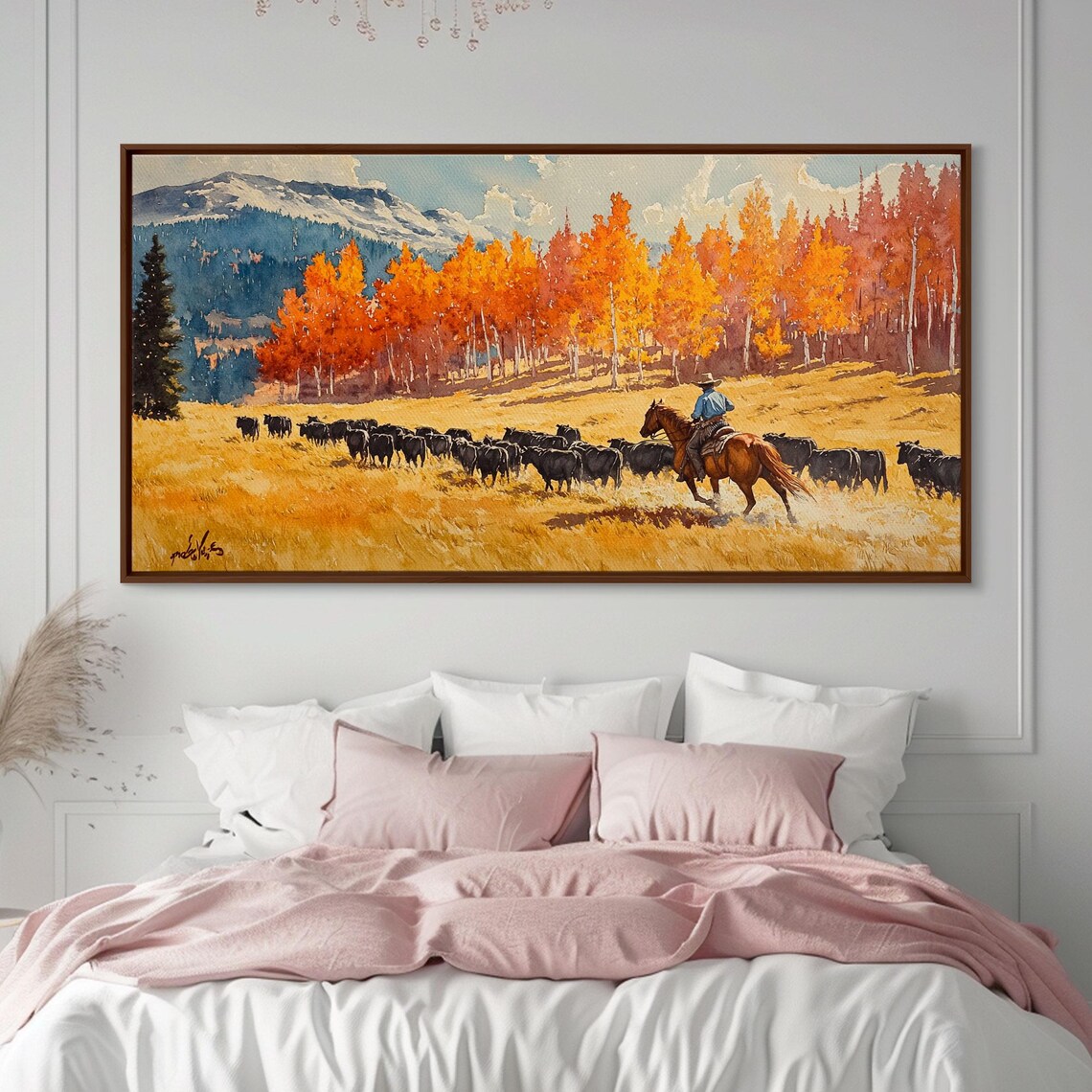 Cowboy Herding Cattle Under Mountains, Western Art Print
