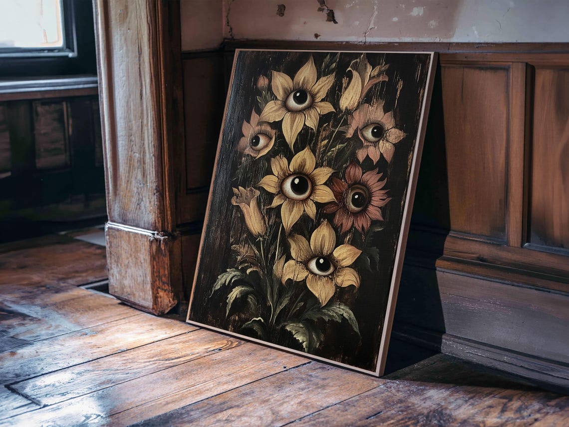 Surreal Flowers With Eyes Dark Gothic Botanical Painting Print - Image 6