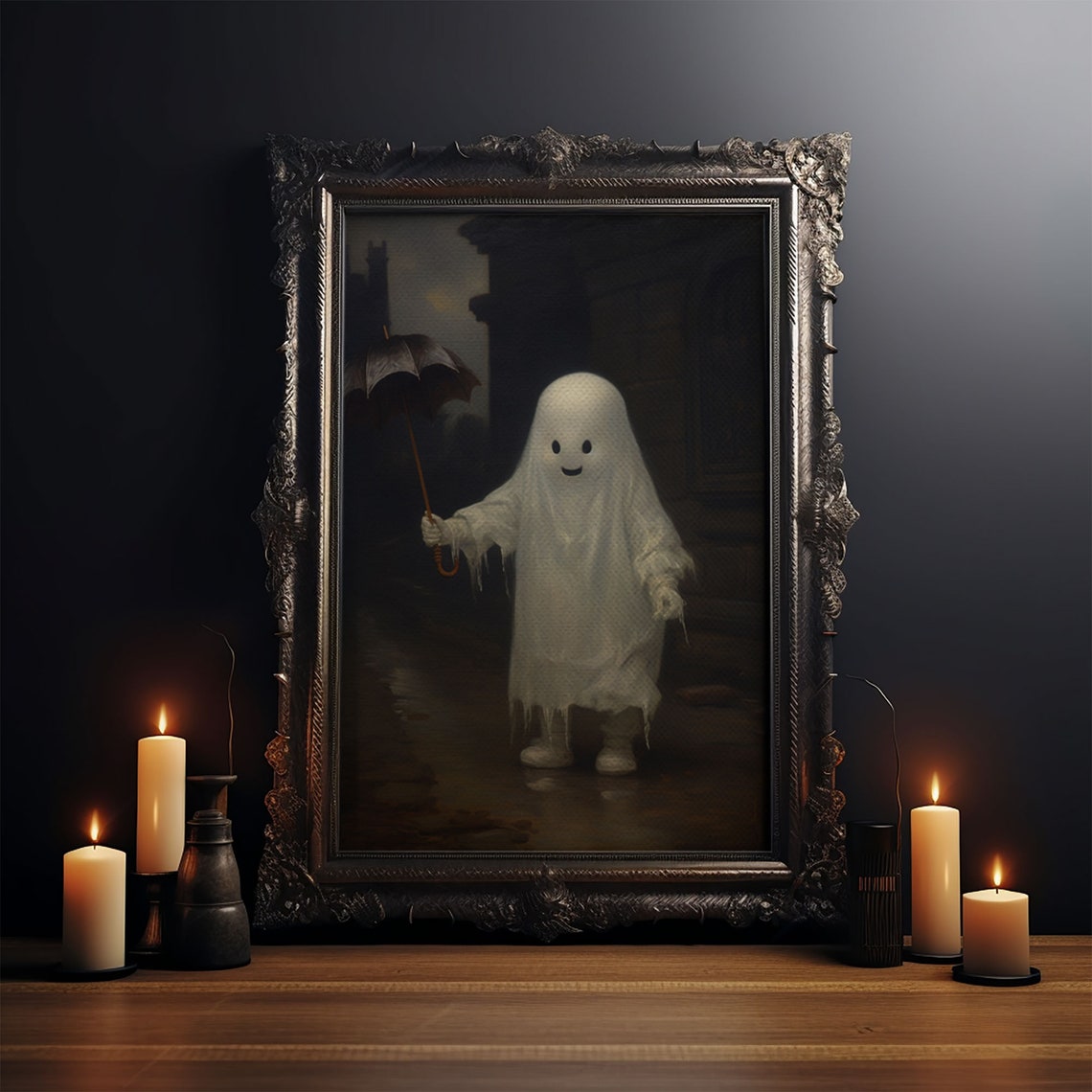 Cute Ghost Umbrella Rain Vintage Painting Funny Halloween Art Poster - Image 3