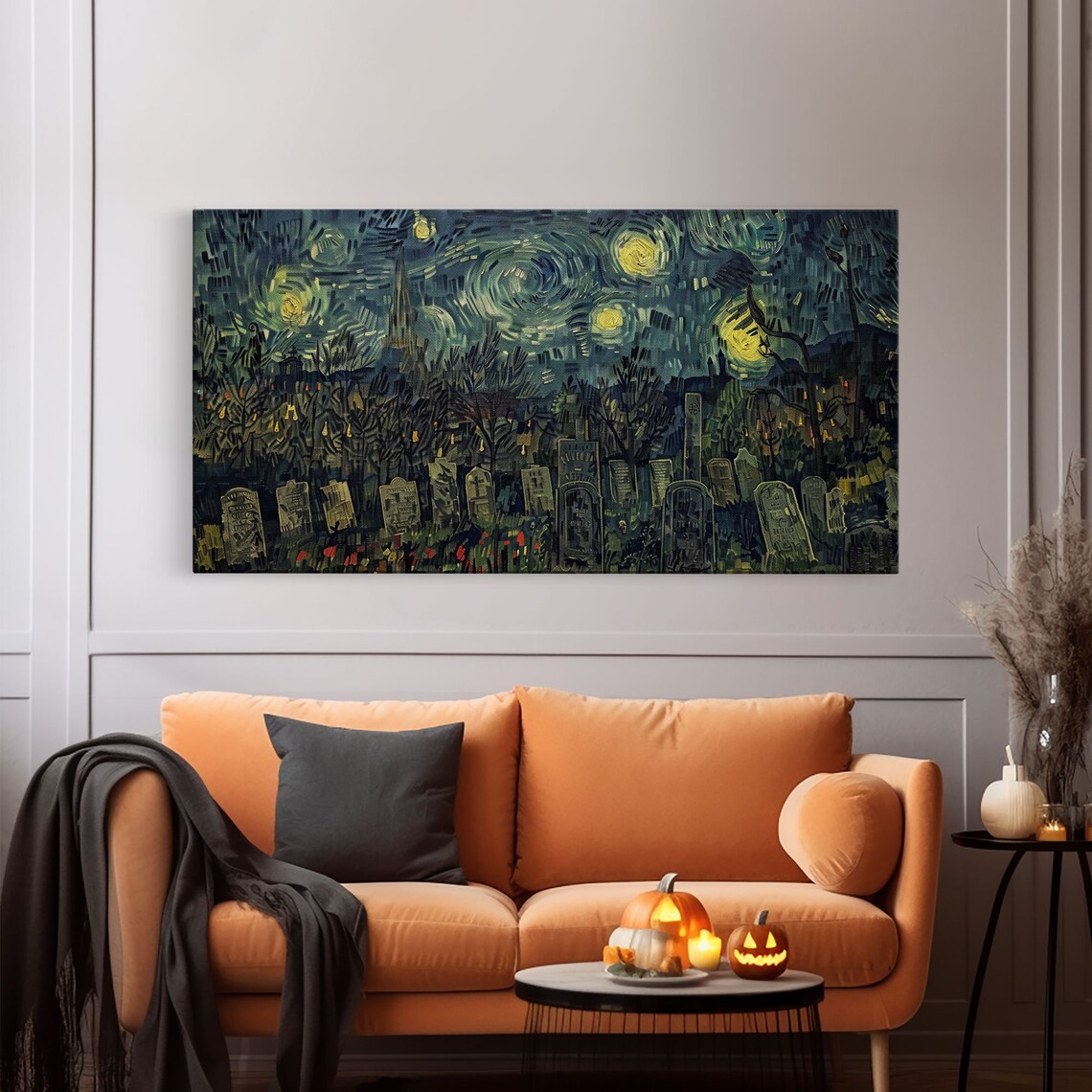 Starry Night Haunted Cemetery Tombstones Church Swirling Sky Halloween Poster