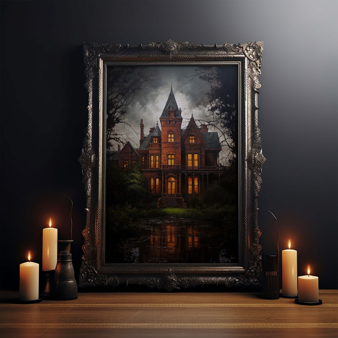 Haunted Victorian Mansion Night Glowing Windows Dark Gothic Art Poster - Image 3