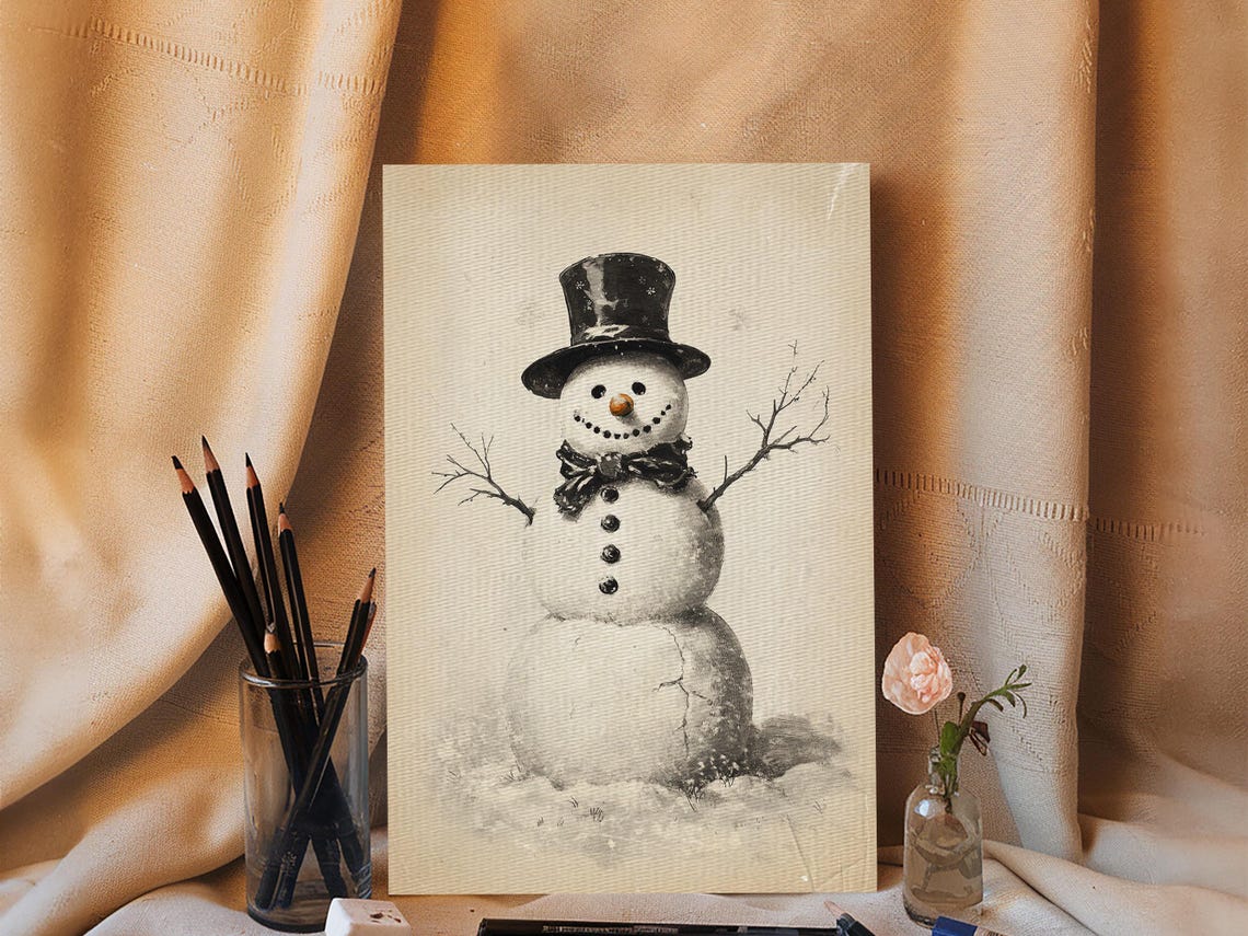 Retro Snowman With Top Hat and Bow Tie Vintage Winter Sketch Poster - Image 5