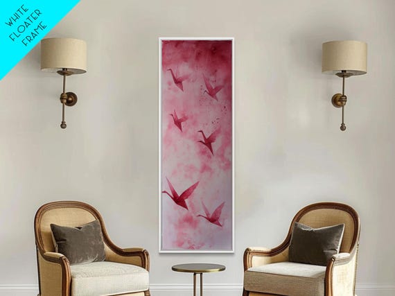 Crane Flight Print Ethereal Origami Bird Painting In Pink Abstract Hues Tall Narrow Wall Art With Zen Minimalist Aesthetic
