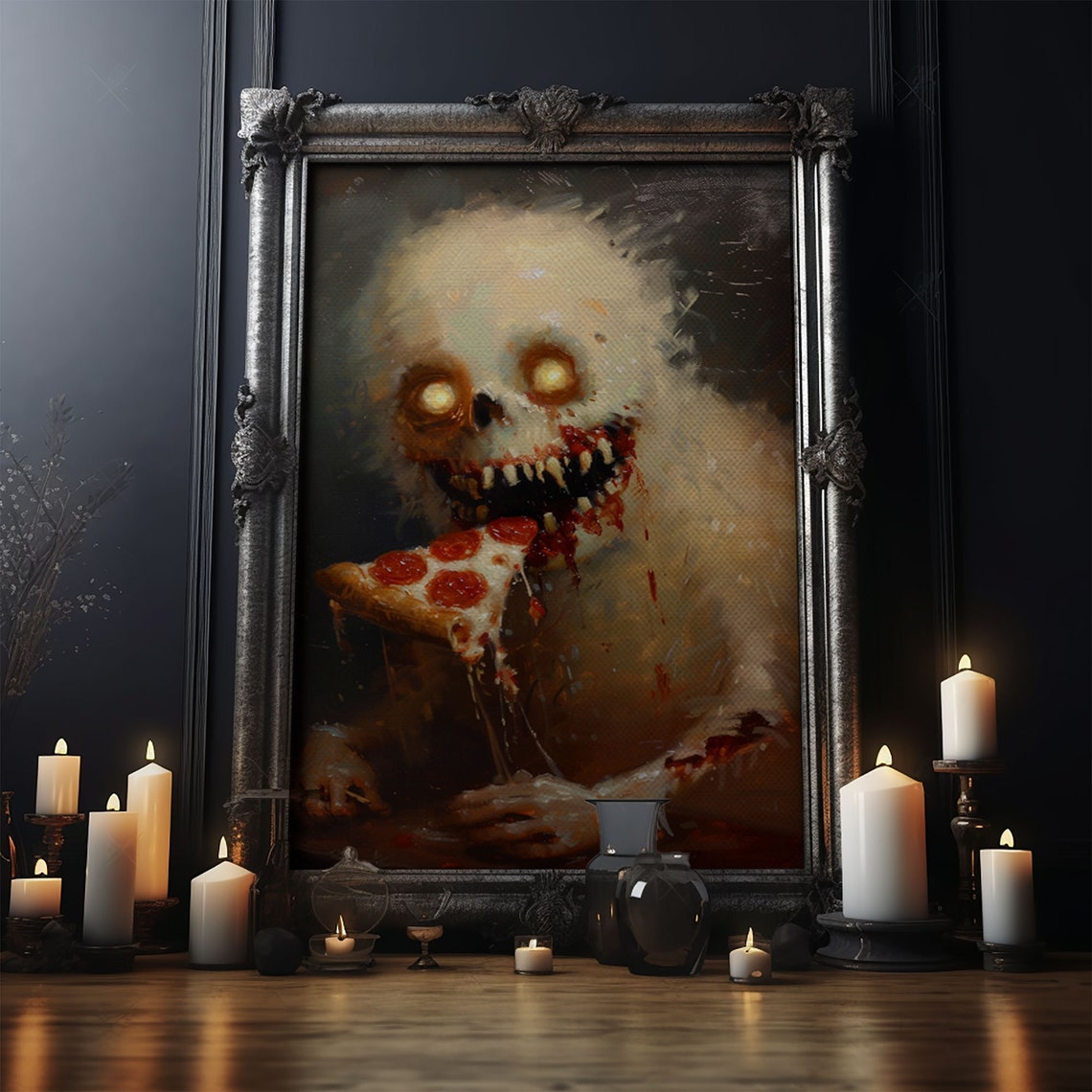 Zombie Ghost Devouring Pepperoni Pizza Horror Funny Art Poster - Image 4