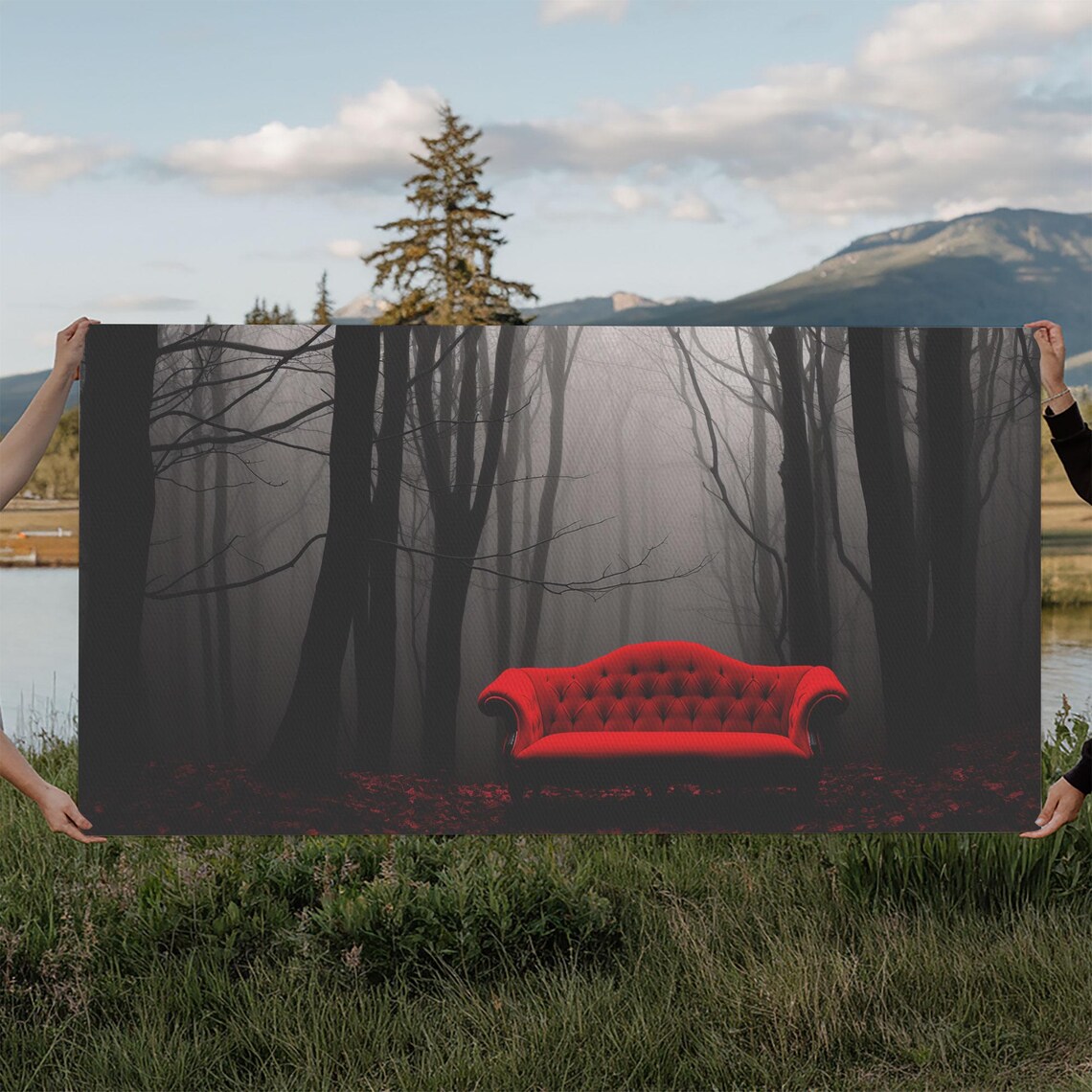 Red Velvet Sofa In Dark Foggy Forest Surreal Gothic Mystery Wall Art Poster