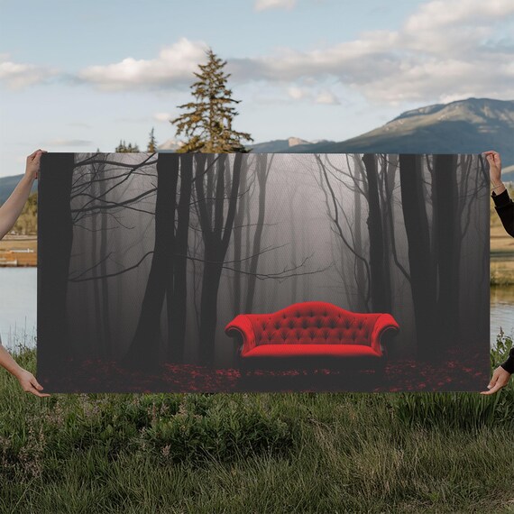 Red Velvet Sofa In Dark Foggy Forest Surreal Gothic Mystery Wall Art Poster