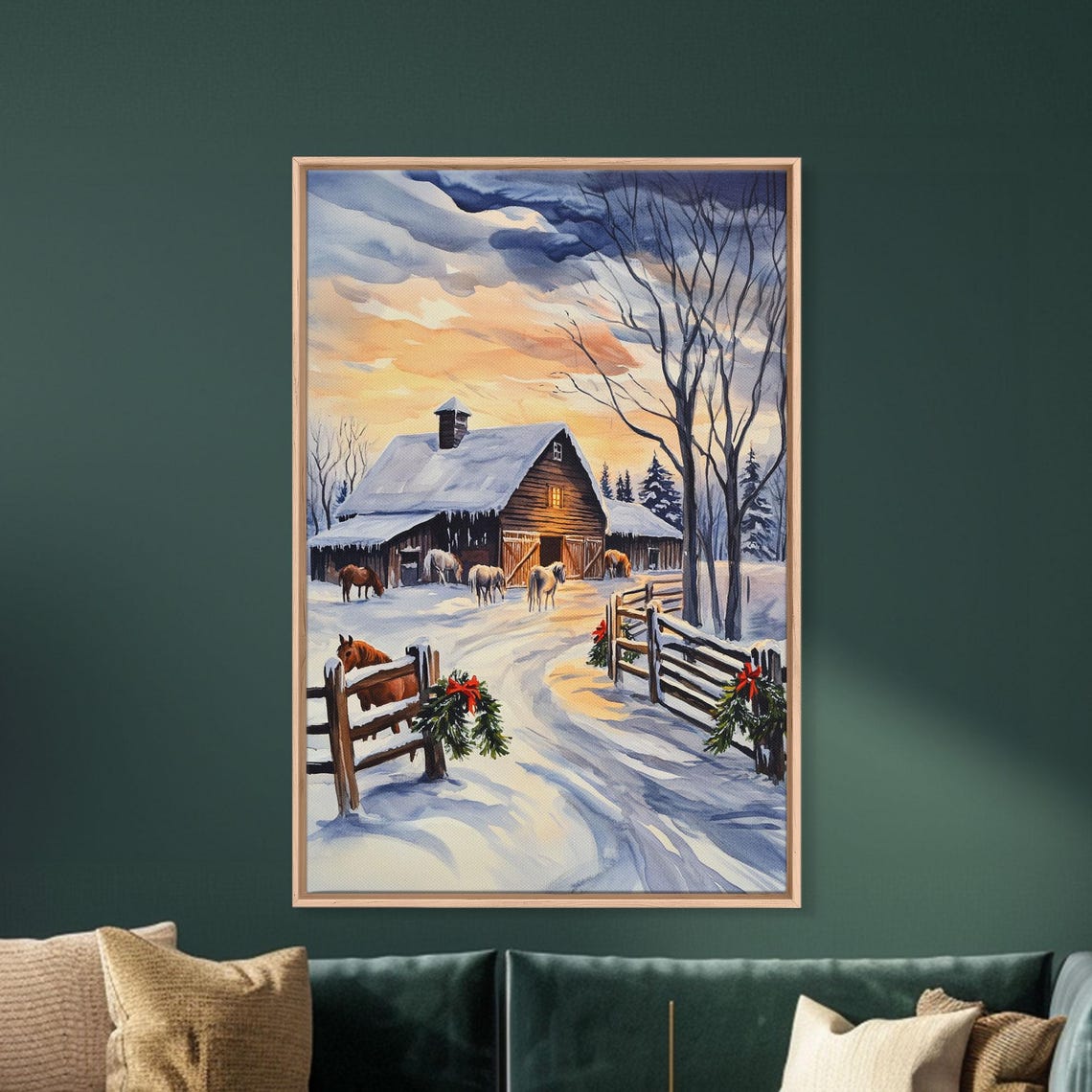 Christmas Farm Snow Barn Horses Wreath Sunset Watercolor Wall Art