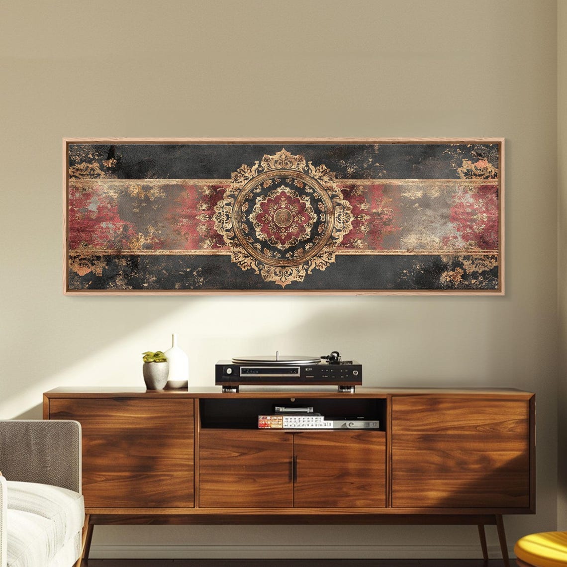 Vintage Black Red Gold Medallion Tapestry Distressed Wall Poster