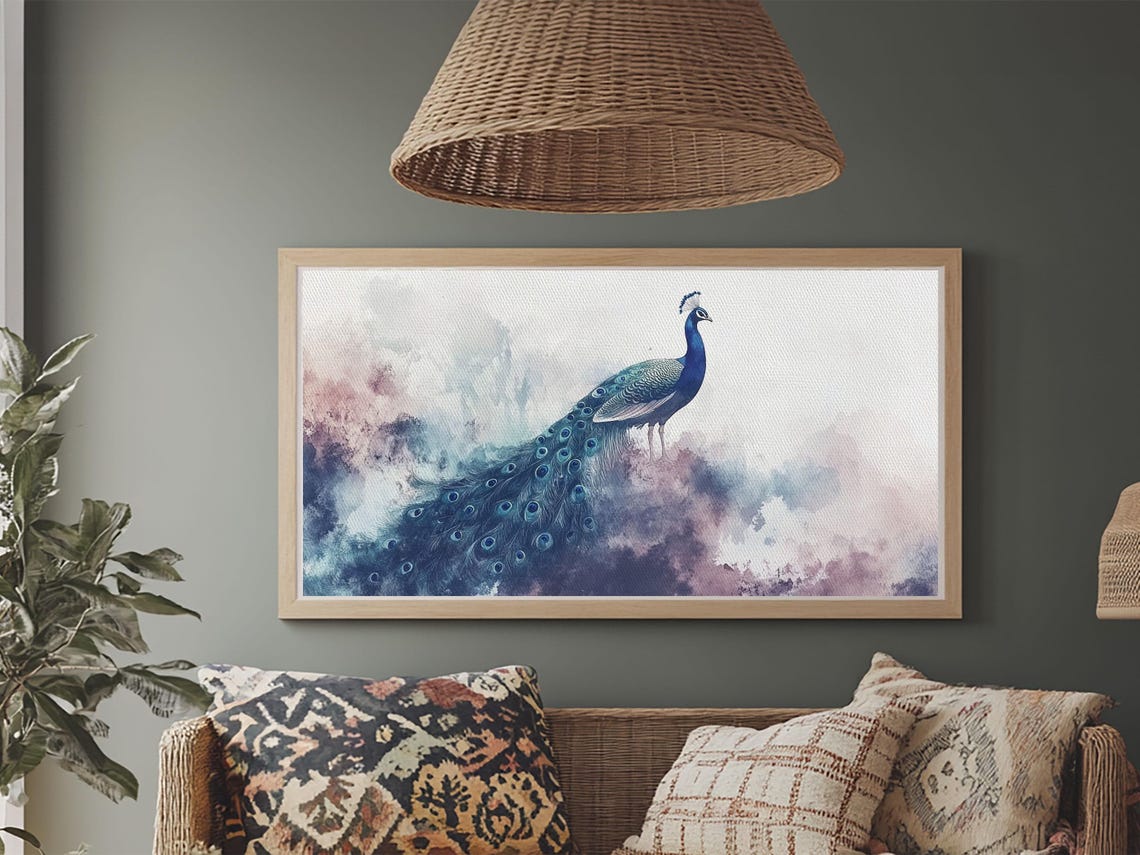 Peacock Watercolor Misty Blue Purple Elegant Wildlife Wall Art Poster - Image 6