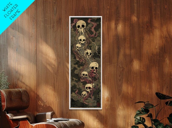 Hauntingly Beautiful Floating Skulls On Tall Vertical Print Featuring Japanese Ghostly Art In Eerie Style