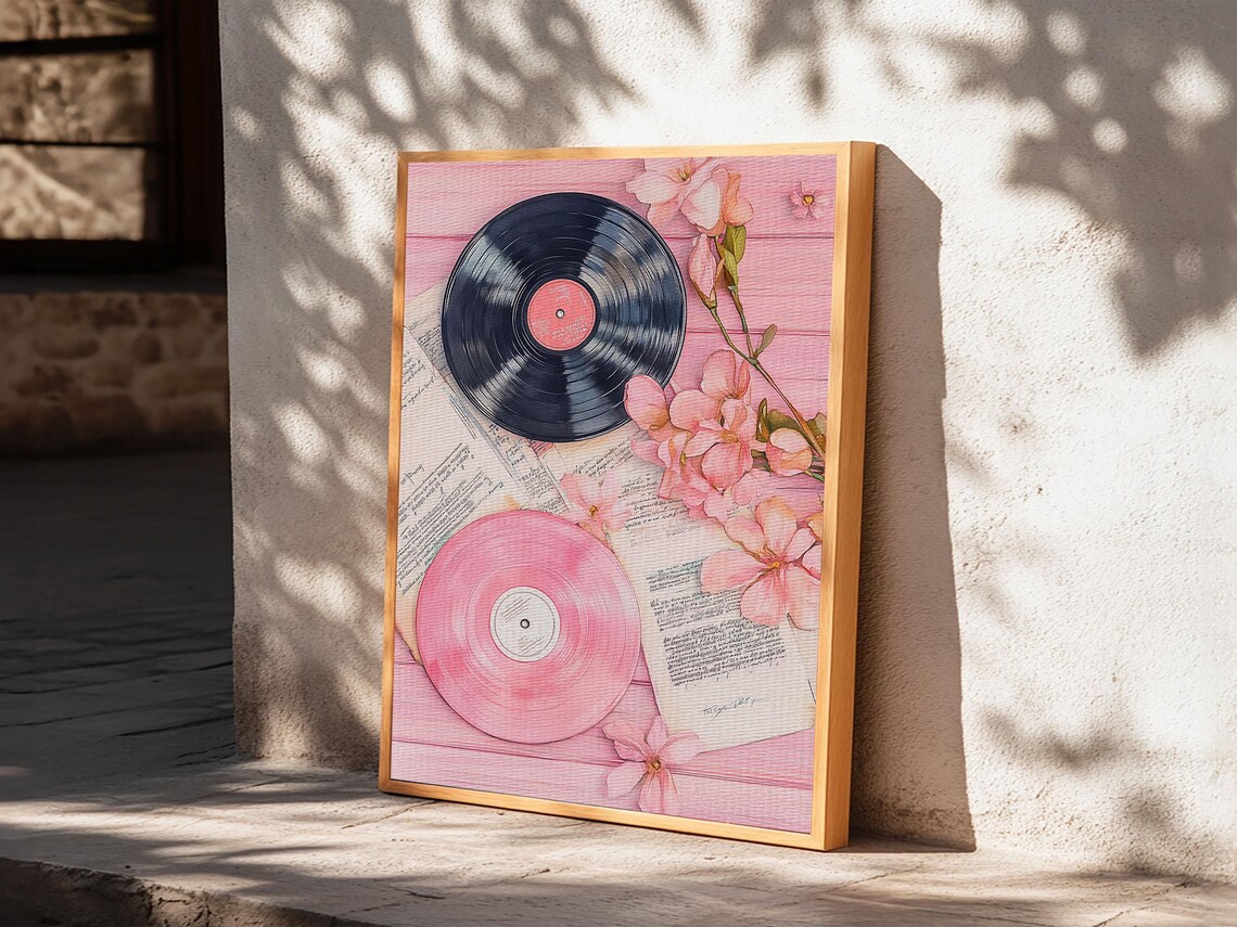 Vinyl Records with Pink Flowers Watercolor Print Retro Music Wall Poster