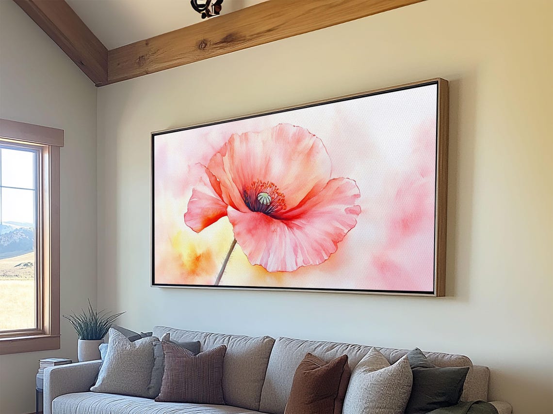 Soft Pink Poppy Close Up Watercolor Delicate Floral Wall Art Poster - Image 2