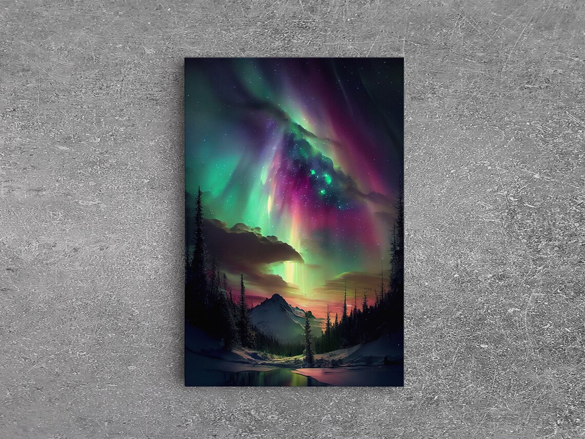 Aurora Borealis Northern Lights Art Print, Mountain Landscape