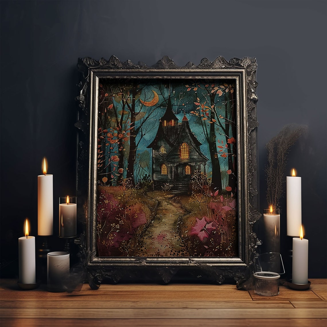 Enchanted Forest Pathway Witch Cottage Crescent Moon Art Poster - Image 5