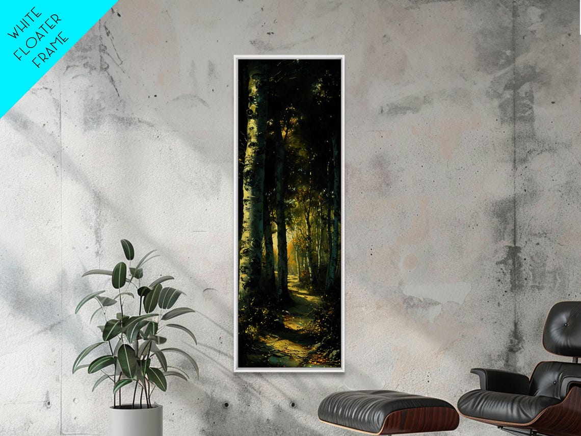 Moody Birch Forest Path Sunlit Trunks Golden Light Woodland Poster - Image 3