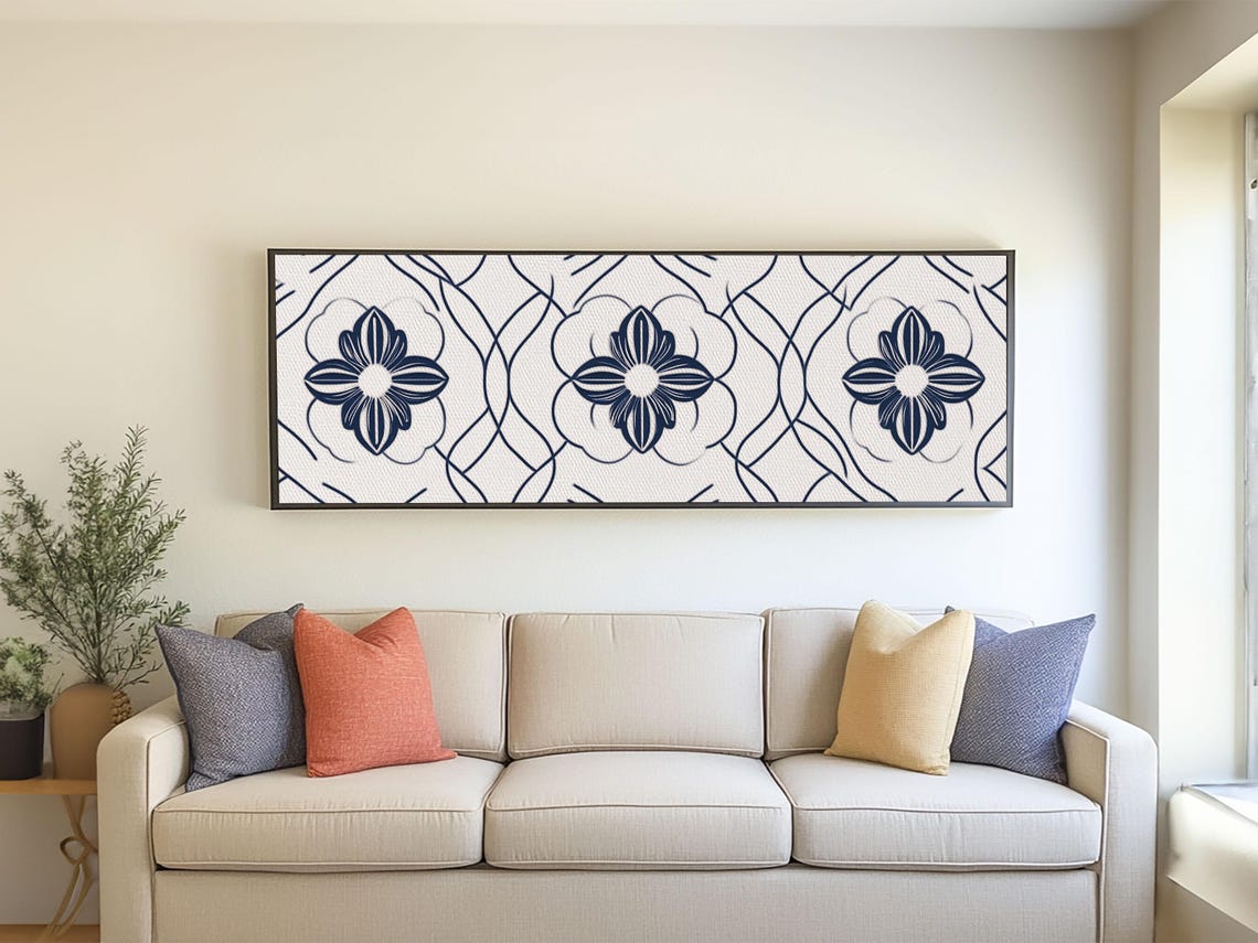 Navy Blue Floral Pattern Tile Art Moroccan Line Flower Wall Poster - Image 4