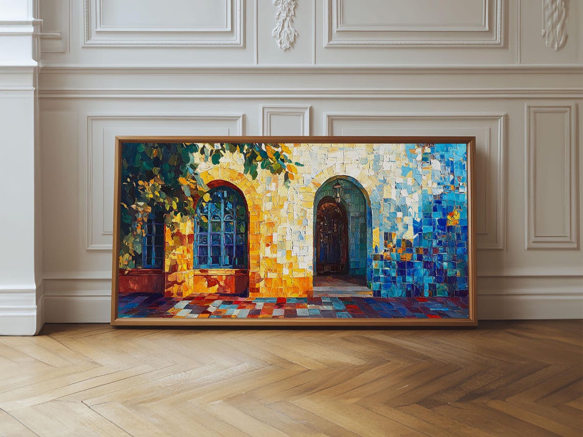 Sunlit Arched Windows Mosaic Blue Gold Mediterranean Tile Art Poster - Image 4