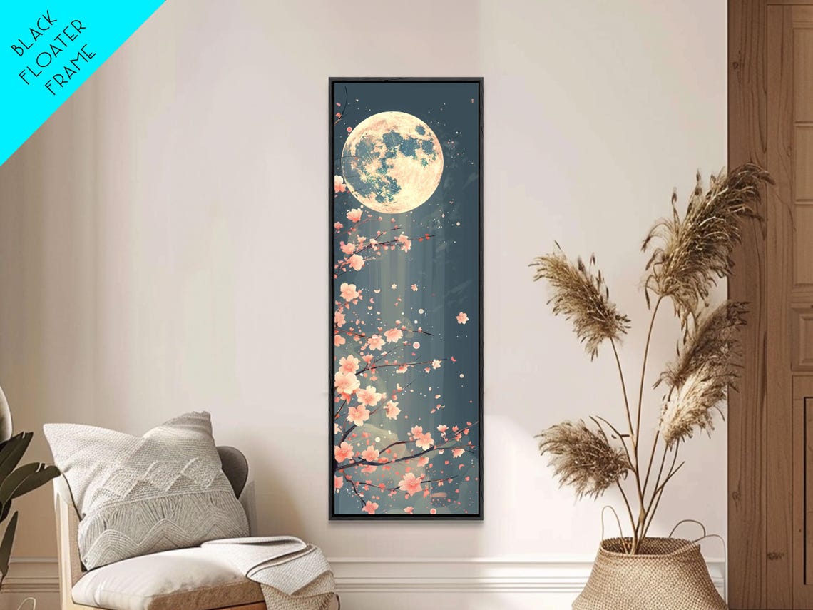 Full Moon Cherry Blossoms Starry Night Dark Floral Art Print - Image 5
