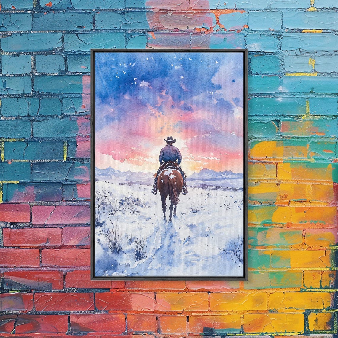 Cowboy Riding Horse Through Snow Toward Pink Sunset Mountains Poster