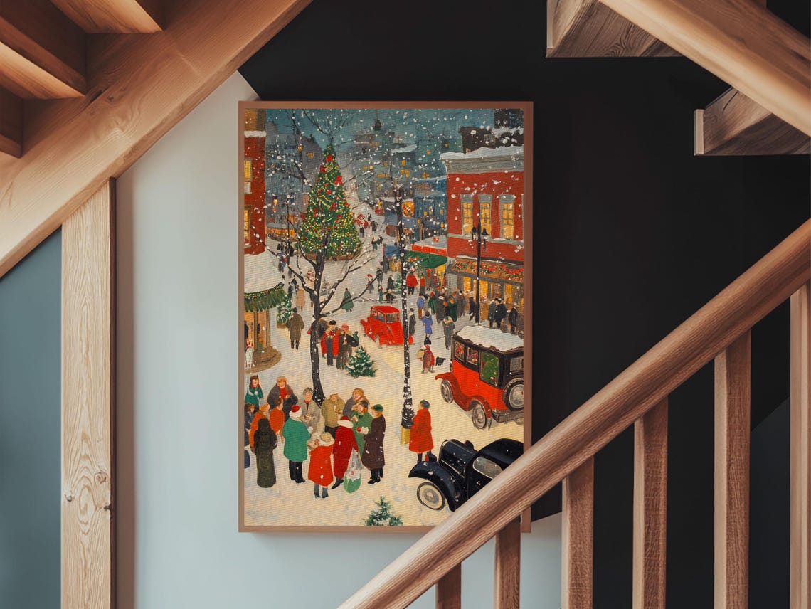 Vintage Christmas Shoppers Street Crowd Snow Retro Painting Poster - Image 6