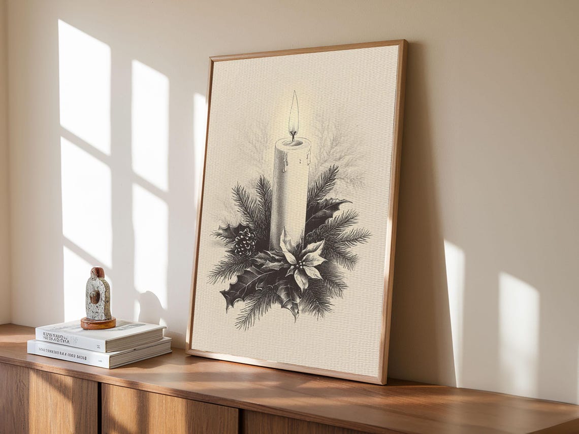 Lit Christmas Candle With Holly and Pine Vintage Sketch Holiday Poster - Image 5