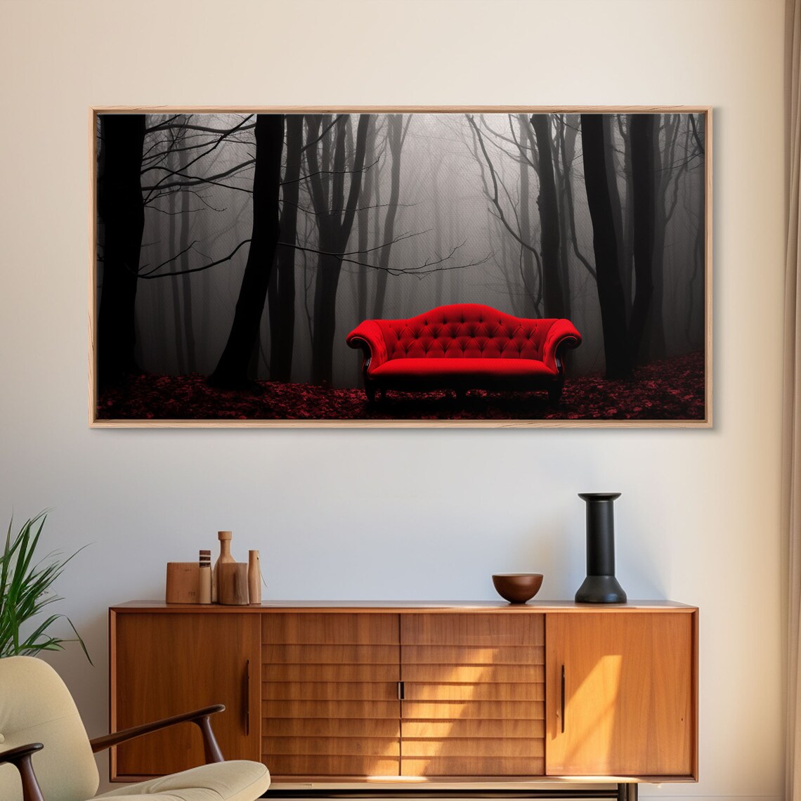 Red Sofa in a Forest, Creepy Halloween Art Print - Image 6