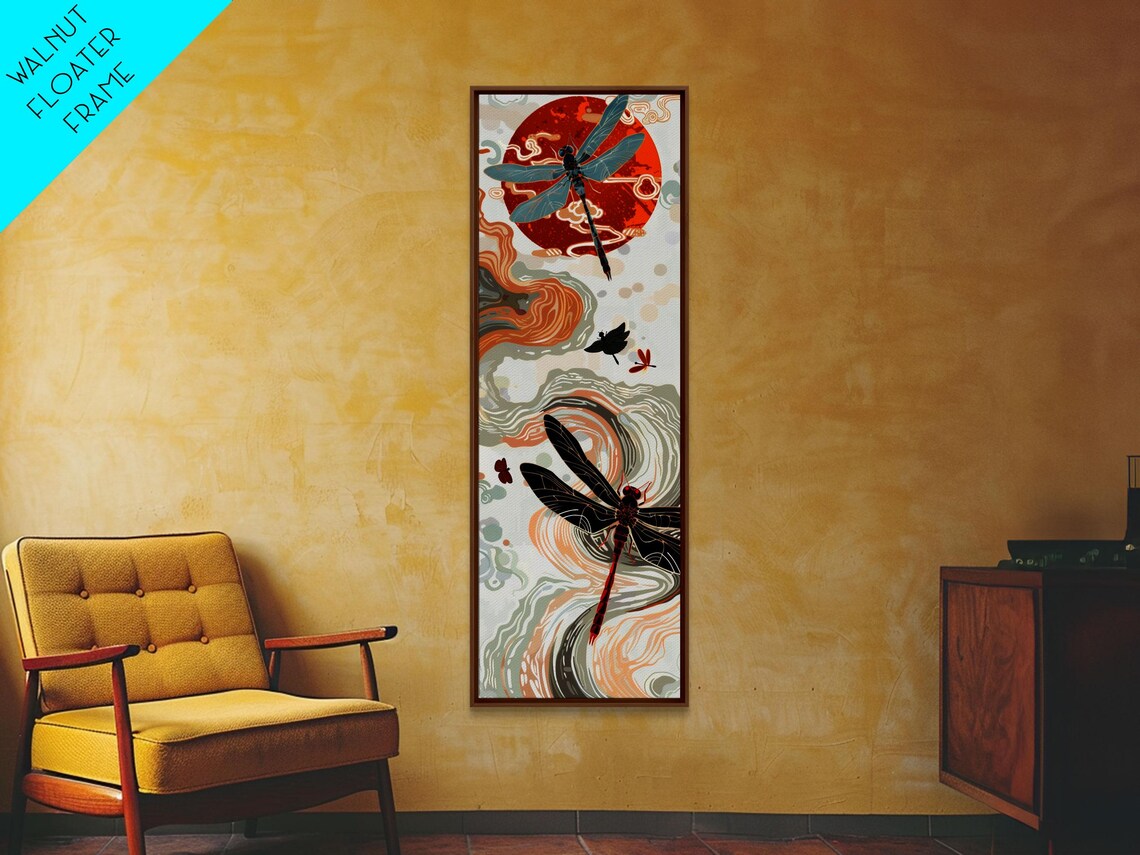 Dragonflies Bold Red Sun Flowing Clouds Japanese Style Tall Vertical Wall Art Poster - Image 4