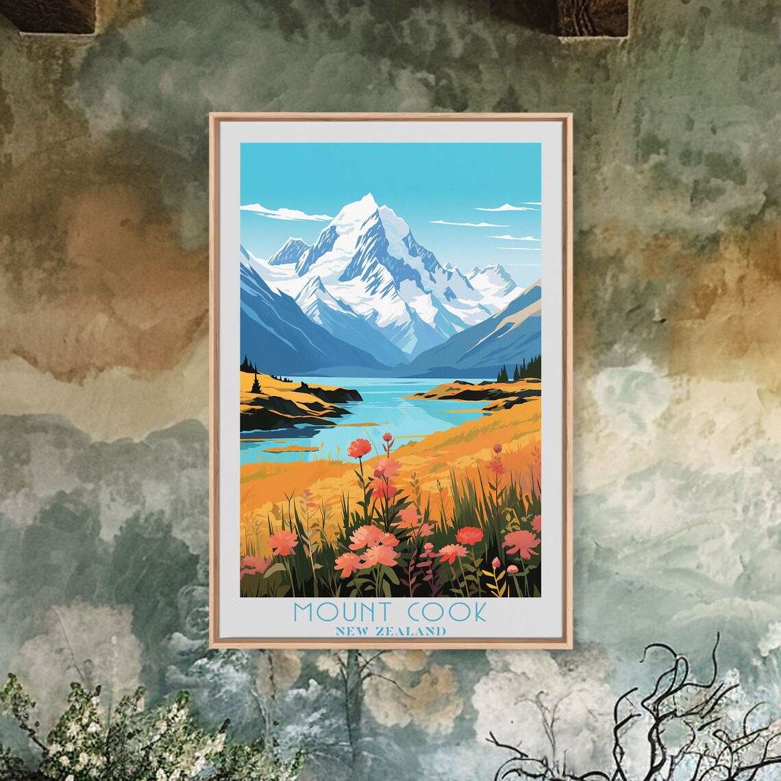 Mount Cook New Zealand Snow Peak Alpine Lake Wildflower Travel Poster - Image 6