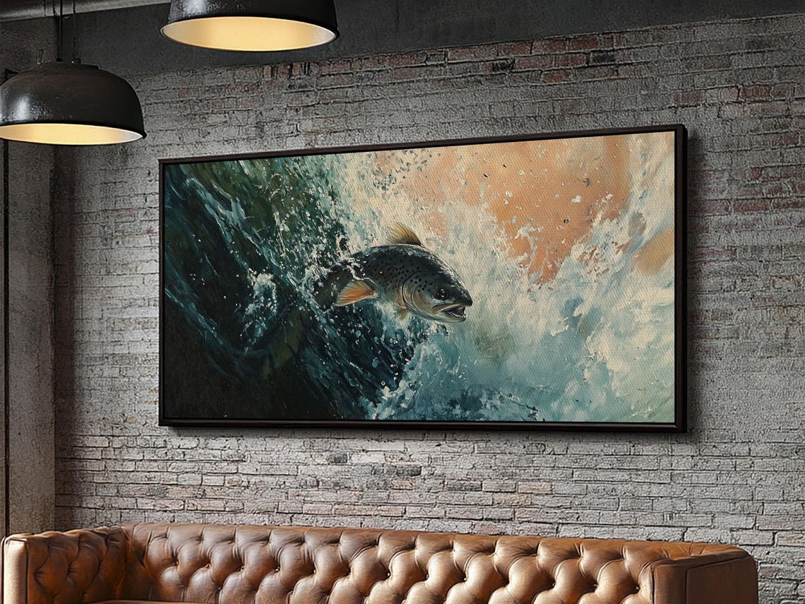 Leaping Trout Splash River Water Oil Painting Fisherman Wall Poster